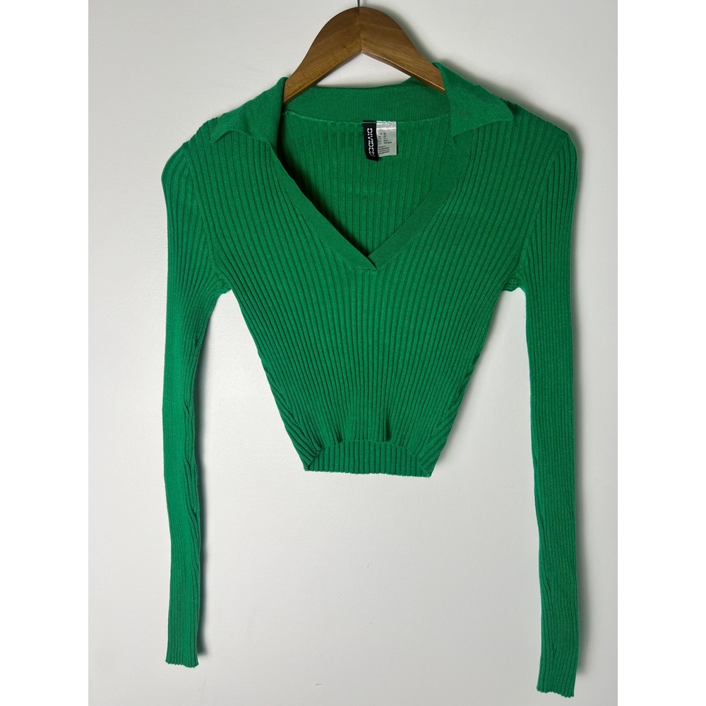 H&M Divided Ribbed Knit Top Wm XS Green V-Neck Collared Cropped Sweater Preppy